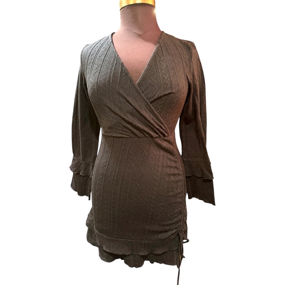 Cider Woven Solid V-Neck Ruched Drawstring Navy Blue Dress L Grunge Fairycore